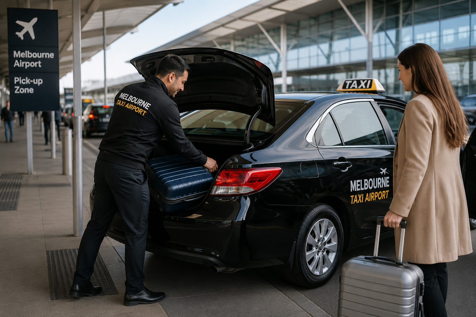 Driver loading luggage for a Melbourne Taxi Airport pickup Driver loading luggage for a Melbourne Taxi Airport pickup