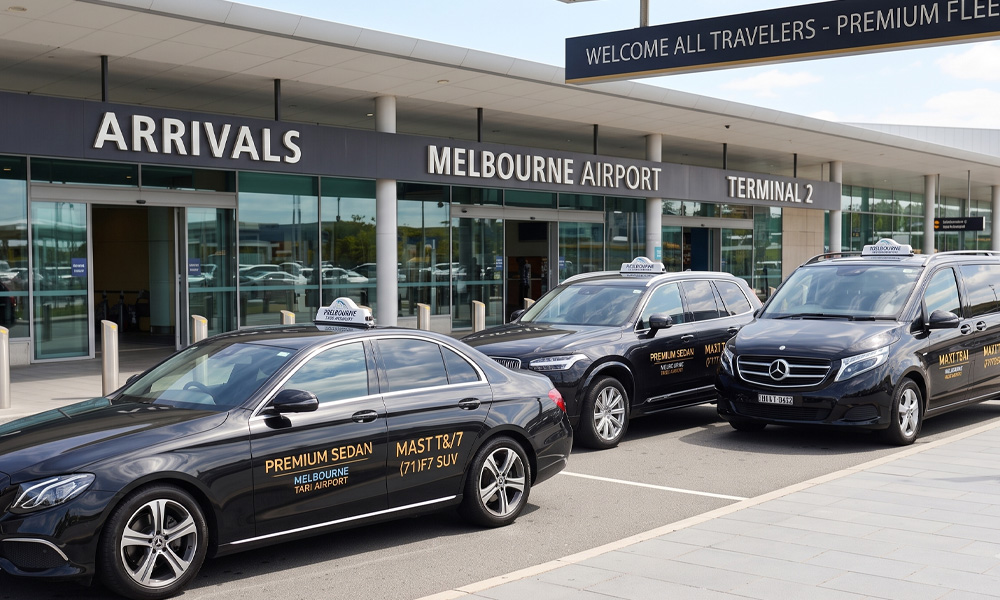 black sedan, SUV, and maxi taxi A black sedan, SUV, and maxi taxi representing our reliable Melbourne Taxi Airport service.